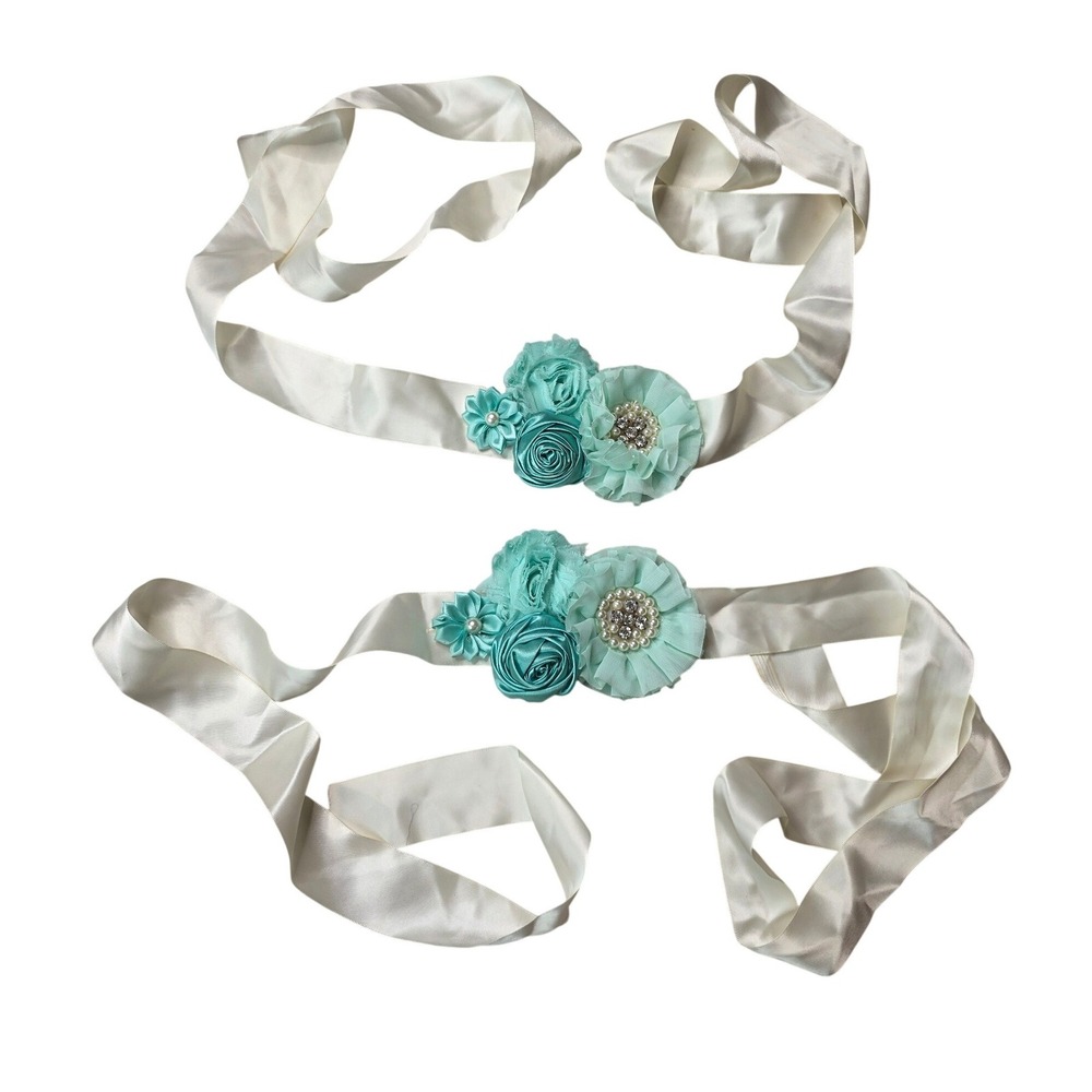 Mint Teal Floral Sash Belt Set 2pc Maternity‎ Bridal Flower Girl Rhinestone D1